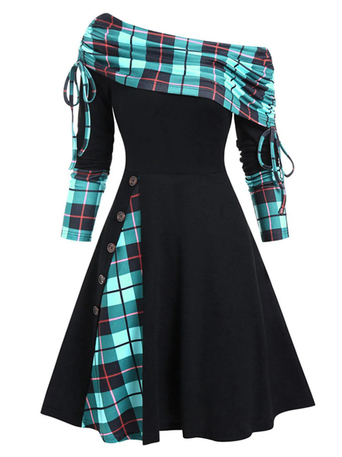 1950s Plaid Patchwork Lace-Up Off-Shoulder Dress