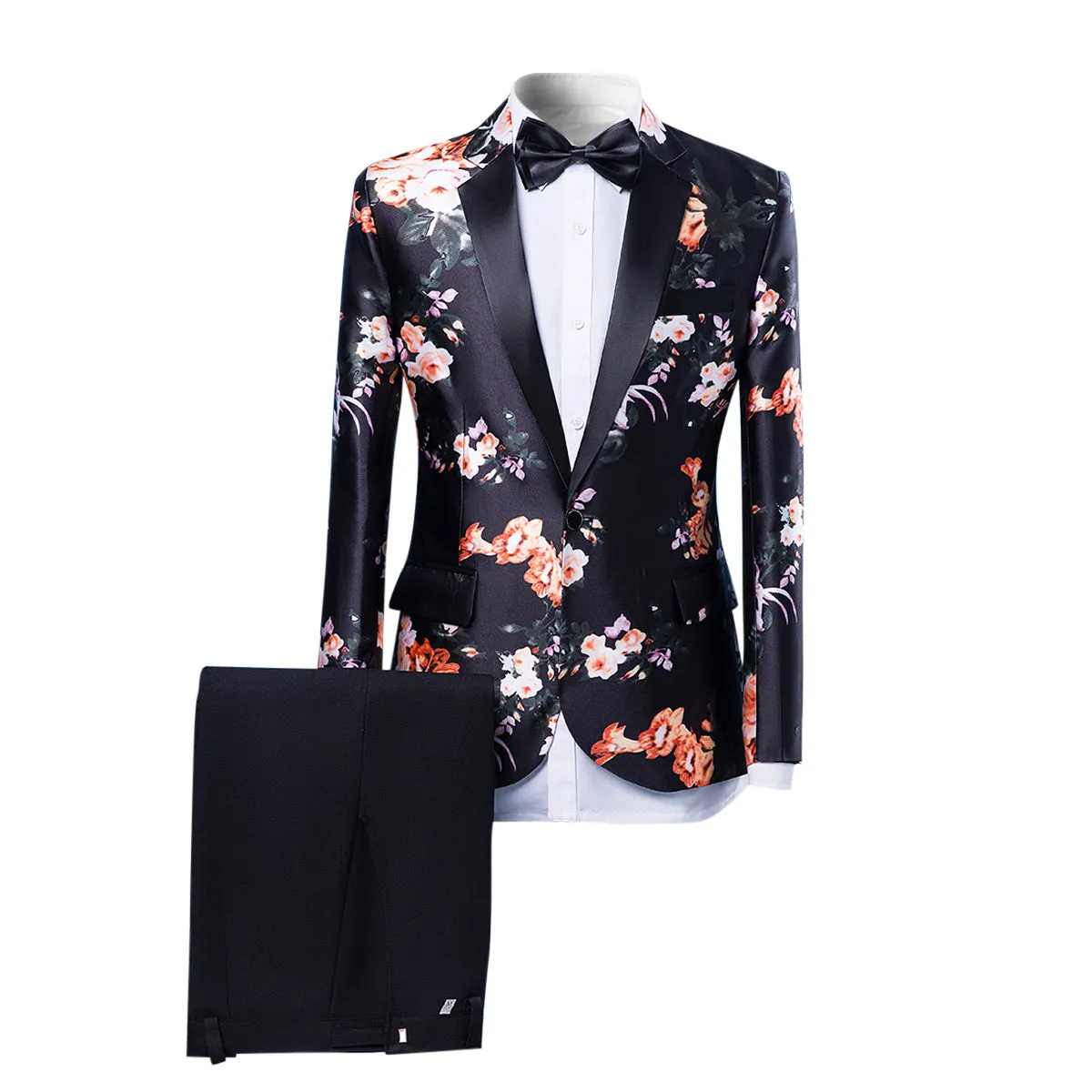 2-Piece Slim Fit Embroidered Orange Floral Suit