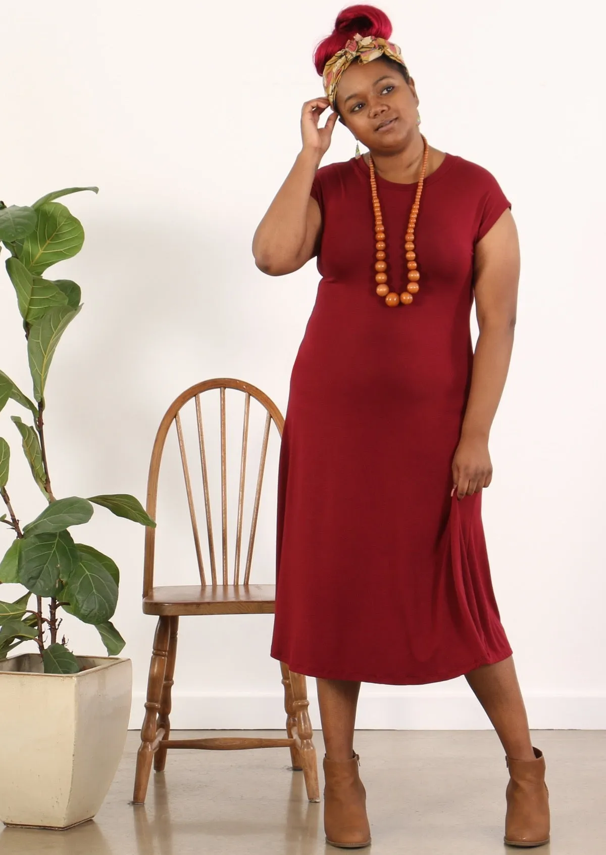 A-line Stretch Rayon Dress Maroon