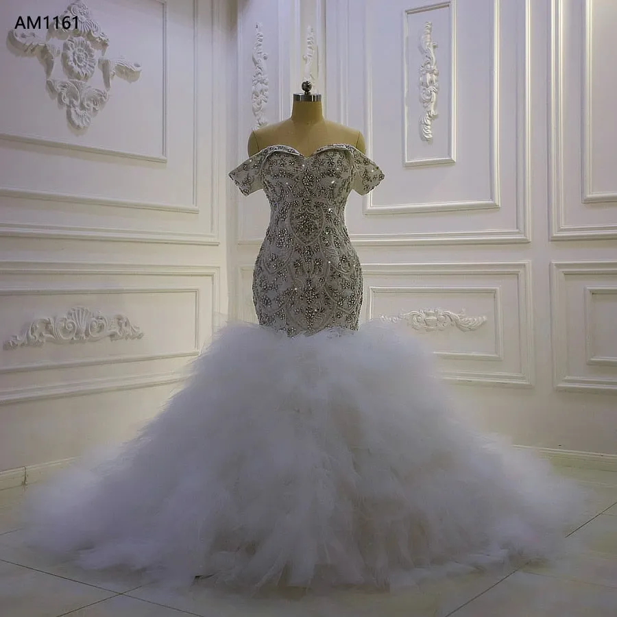 AM1161 Long Sleeve Ruffles Crystal beaded Mermaid  Luxury off shoulder Wedding Dress