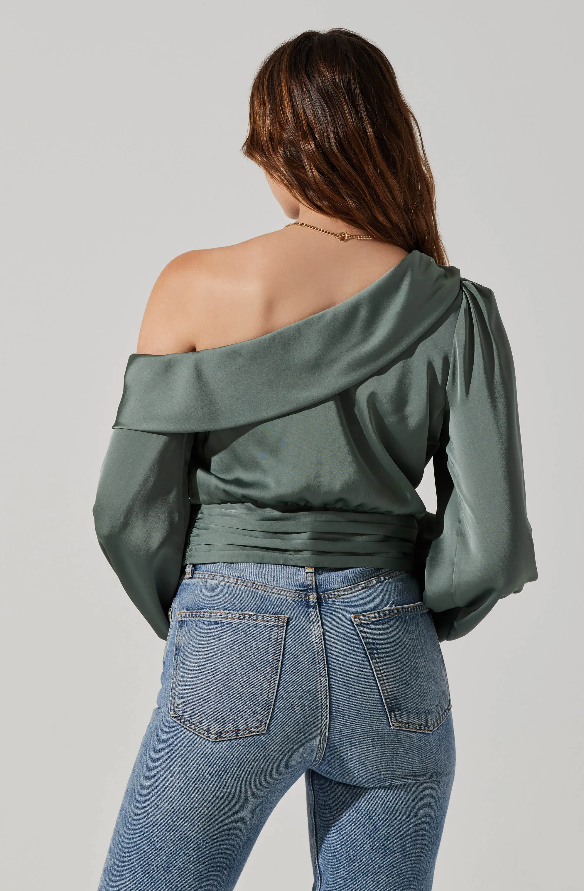 Asymmetrical Cinched Waist Long Sleeve Top