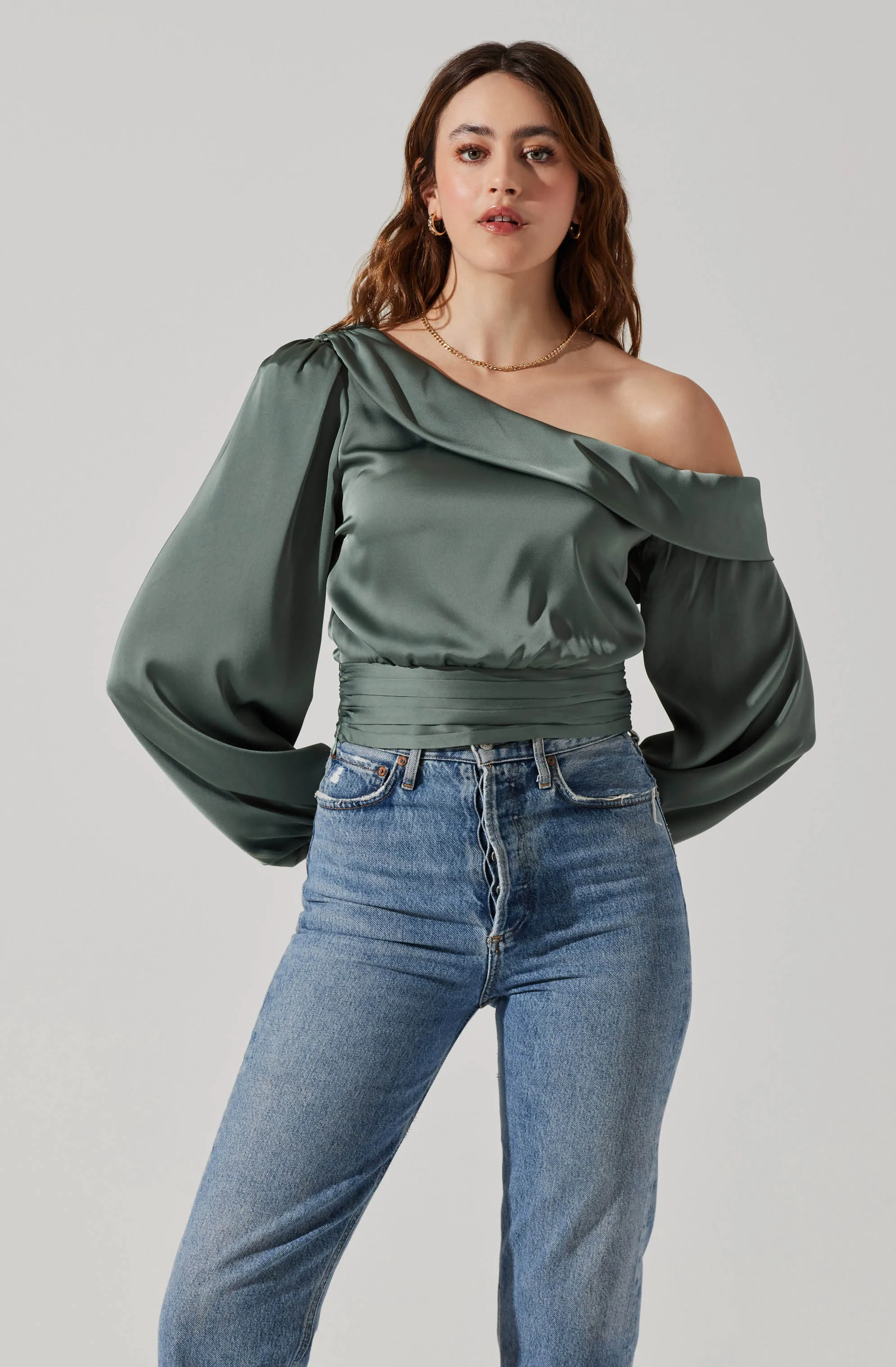 Asymmetrical Cinched Waist Long Sleeve Top