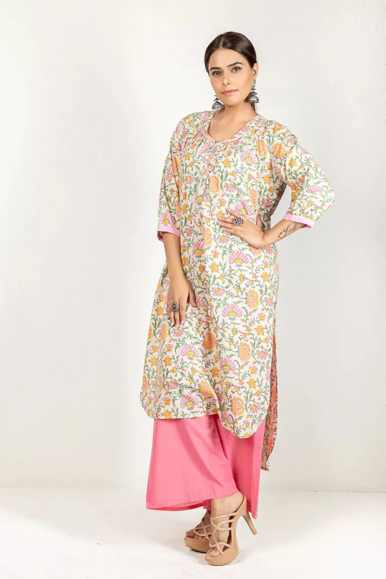 Beige & Pink Hand Block Printed Kurta