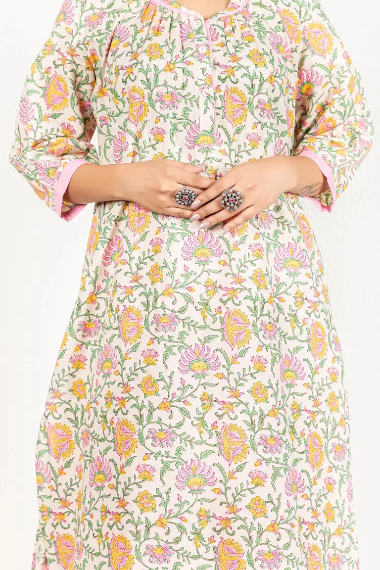 Beige & Pink Hand Block Printed Kurta