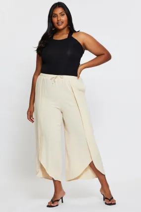 Beige Wide Leg Pants High Rise Elastic Waist Front Split