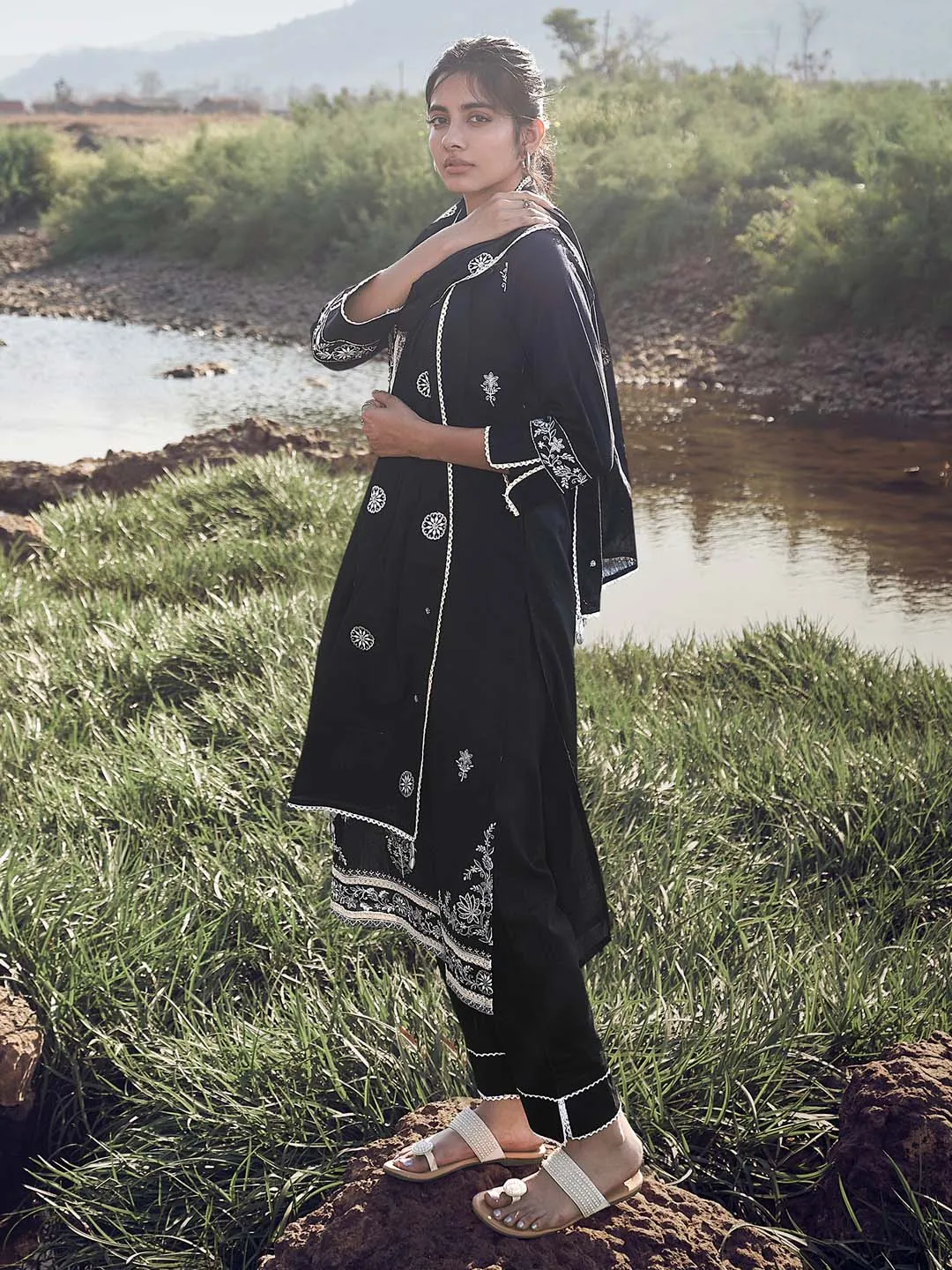 Black Cotton Embroidered Kurta with Pant and Dupatta