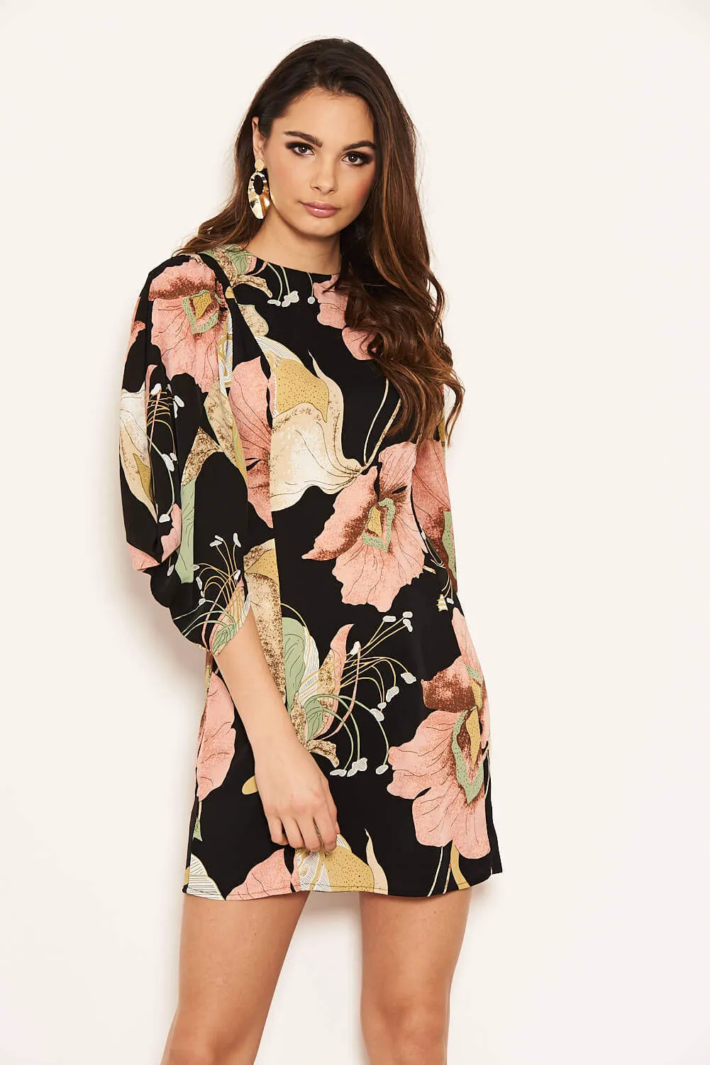 Black Floral Sleeve Detail Dress