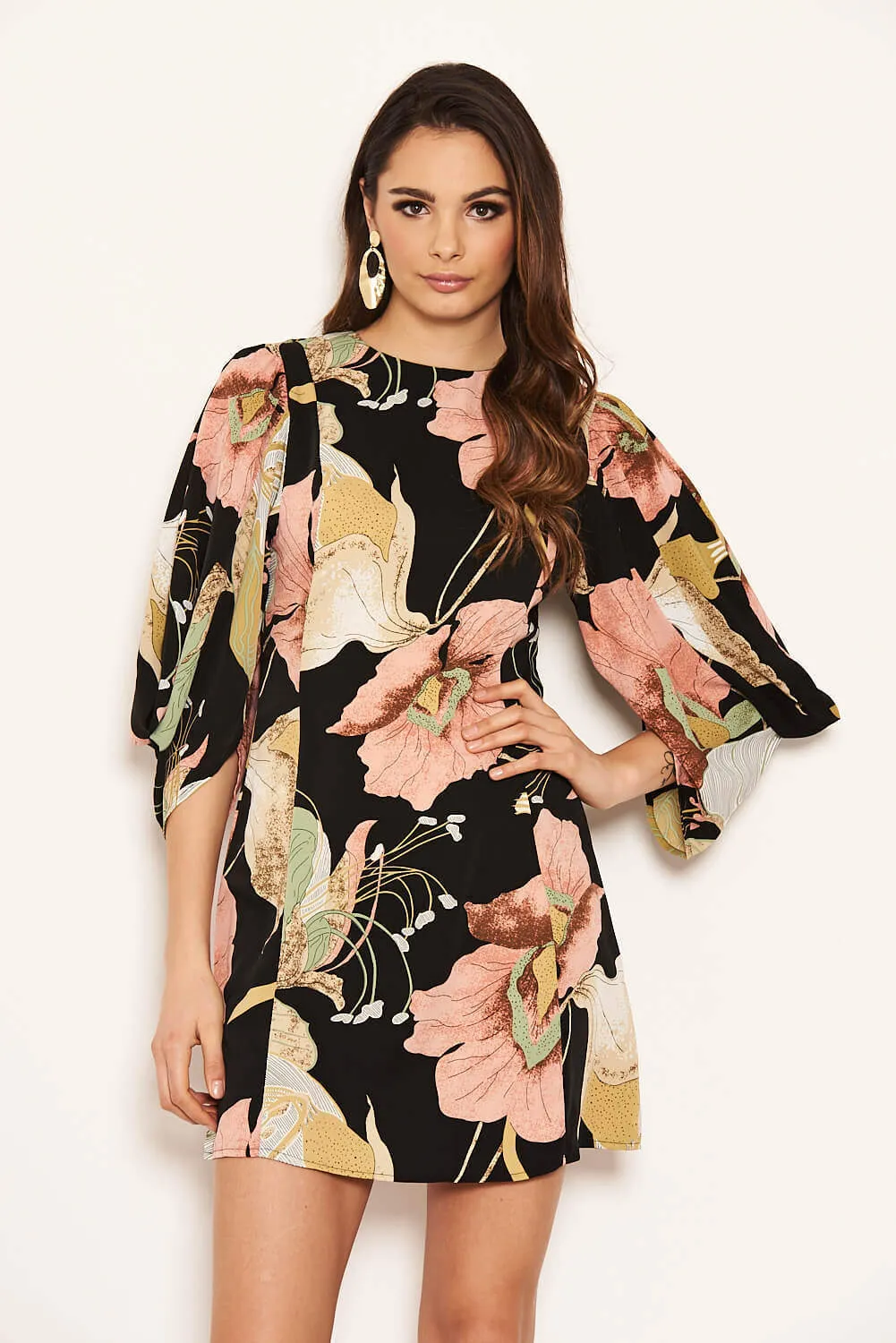 Black Floral Sleeve Detail Dress