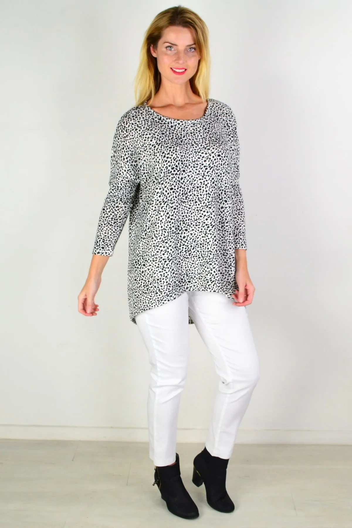 Black White Spot Hi Low Tunic Top