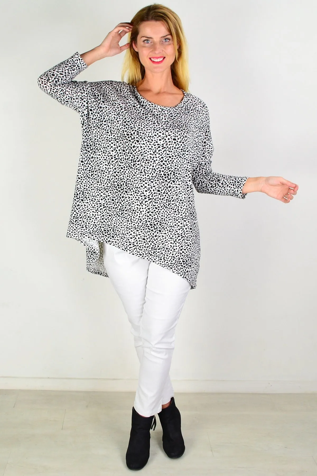 Black White Spot Hi Low Tunic Top