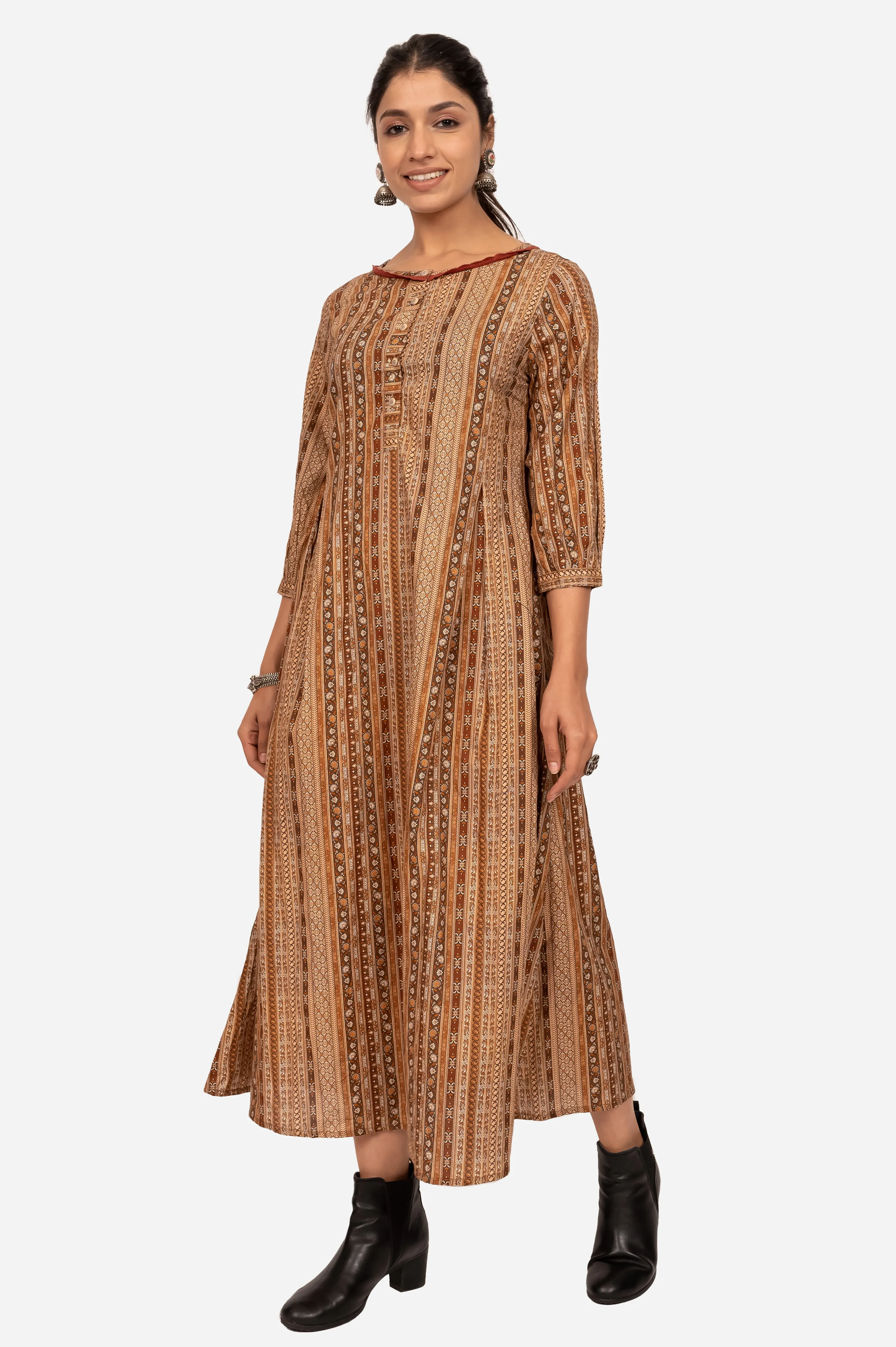 Brown-Colored 3/4 Sleeves Kurta