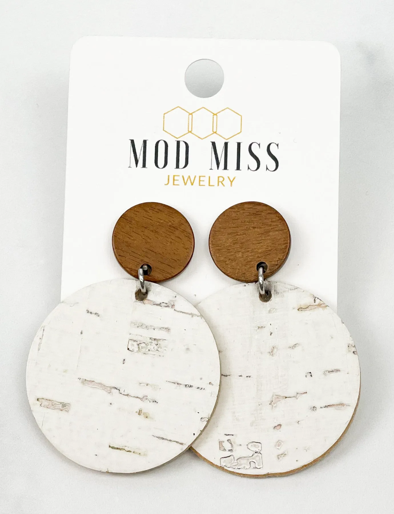 Cork Leather Round Earring White