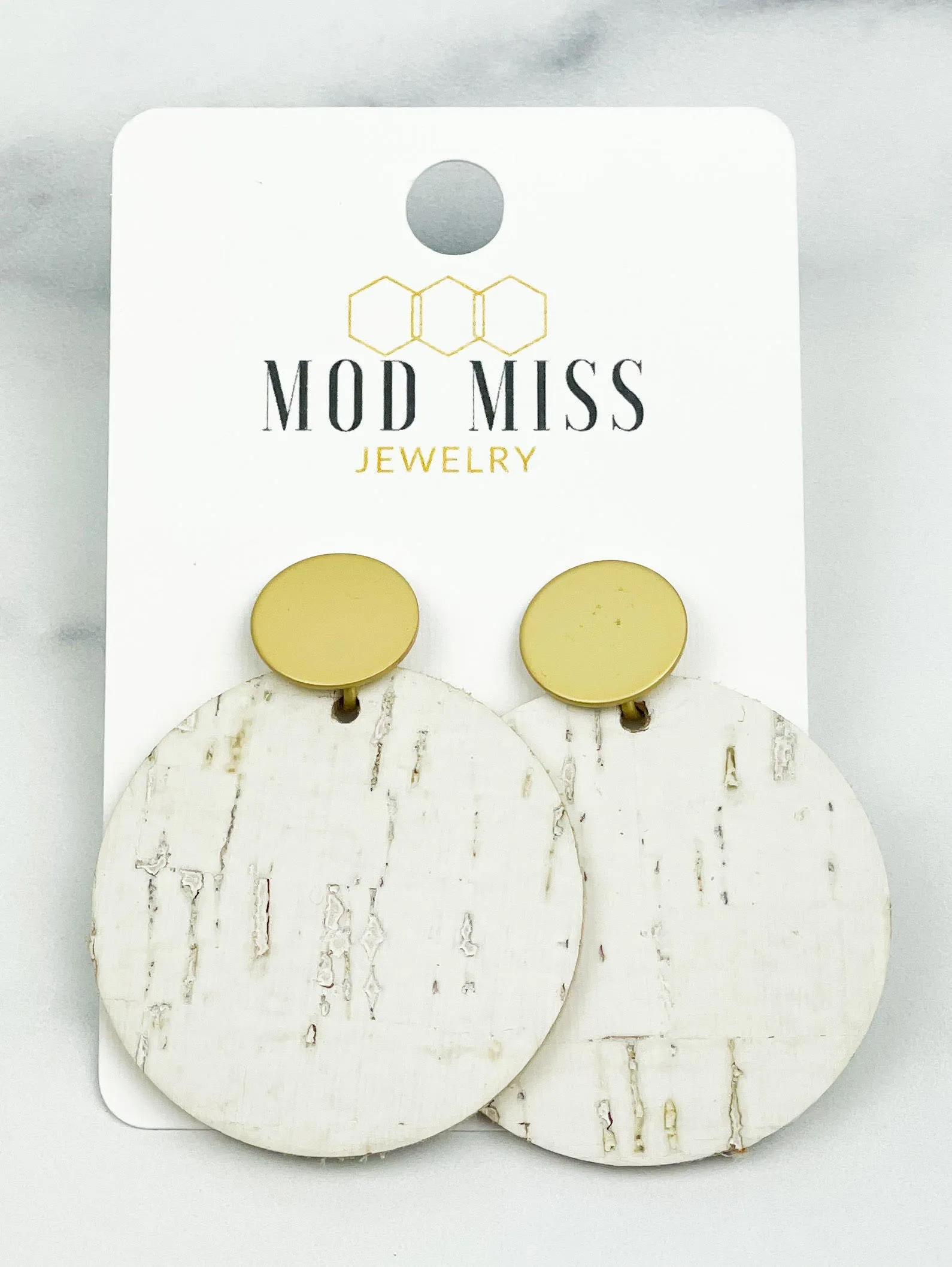 Cork Leather Round Earring White