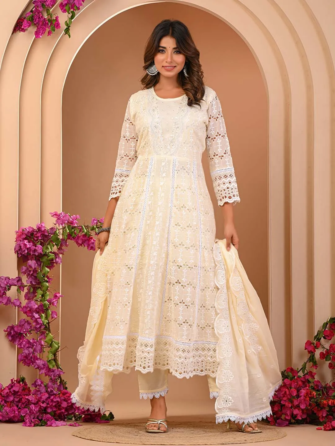 Cream Cotton Mul Embroidered Kurta with Pant and Dupatta