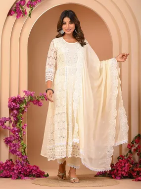 Cream Cotton Mul Embroidered Kurta with Pant and Dupatta