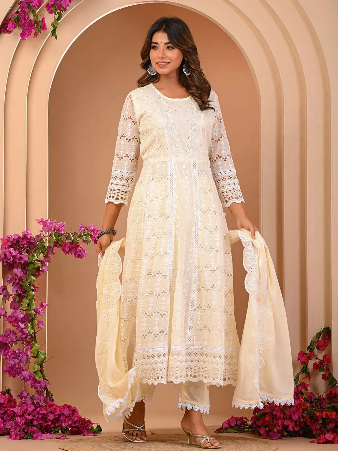 Cream Cotton Mul Embroidered Kurta with Pant and Dupatta