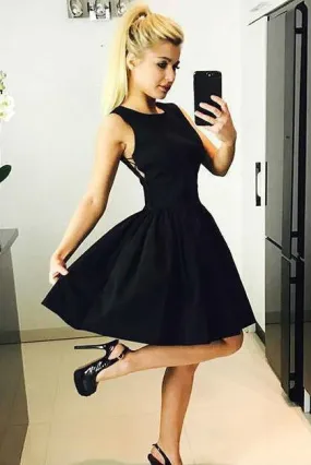 Cute Black Criss Cross Short Prom Dress Satin Above Knee Scoop Homecoming Dresses