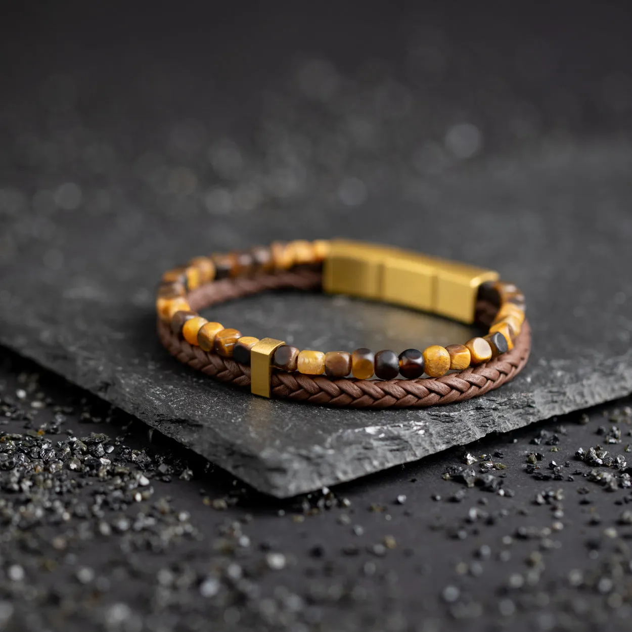 Double bracelet with Italian leather and 4mm Tiger Eye stone