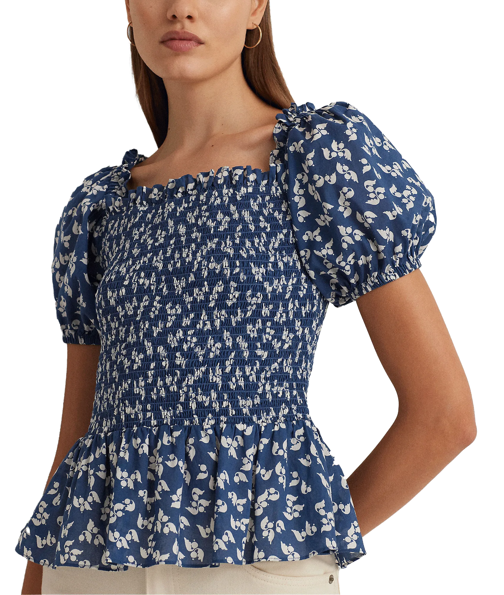 Floral Cotton Voile Peplum Blouse - Blue