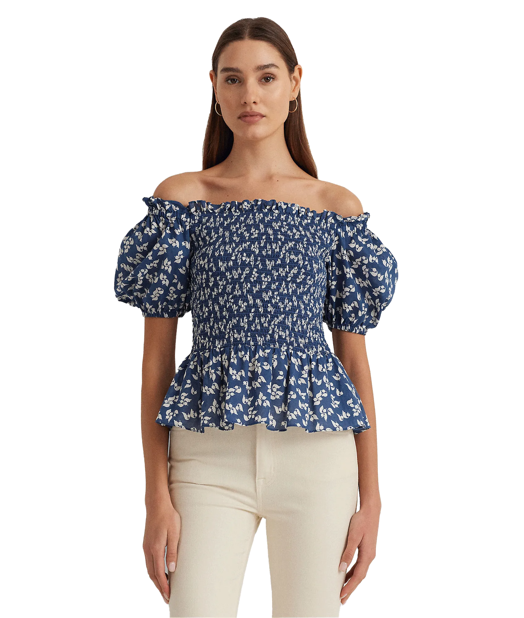 Floral Cotton Voile Peplum Blouse - Blue