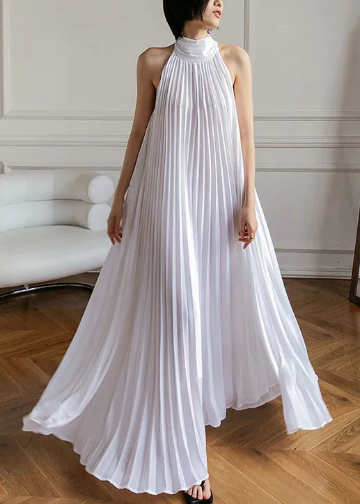 French White Pleated Hanging Neck Off Shoulder Long Dress Summer EE1030