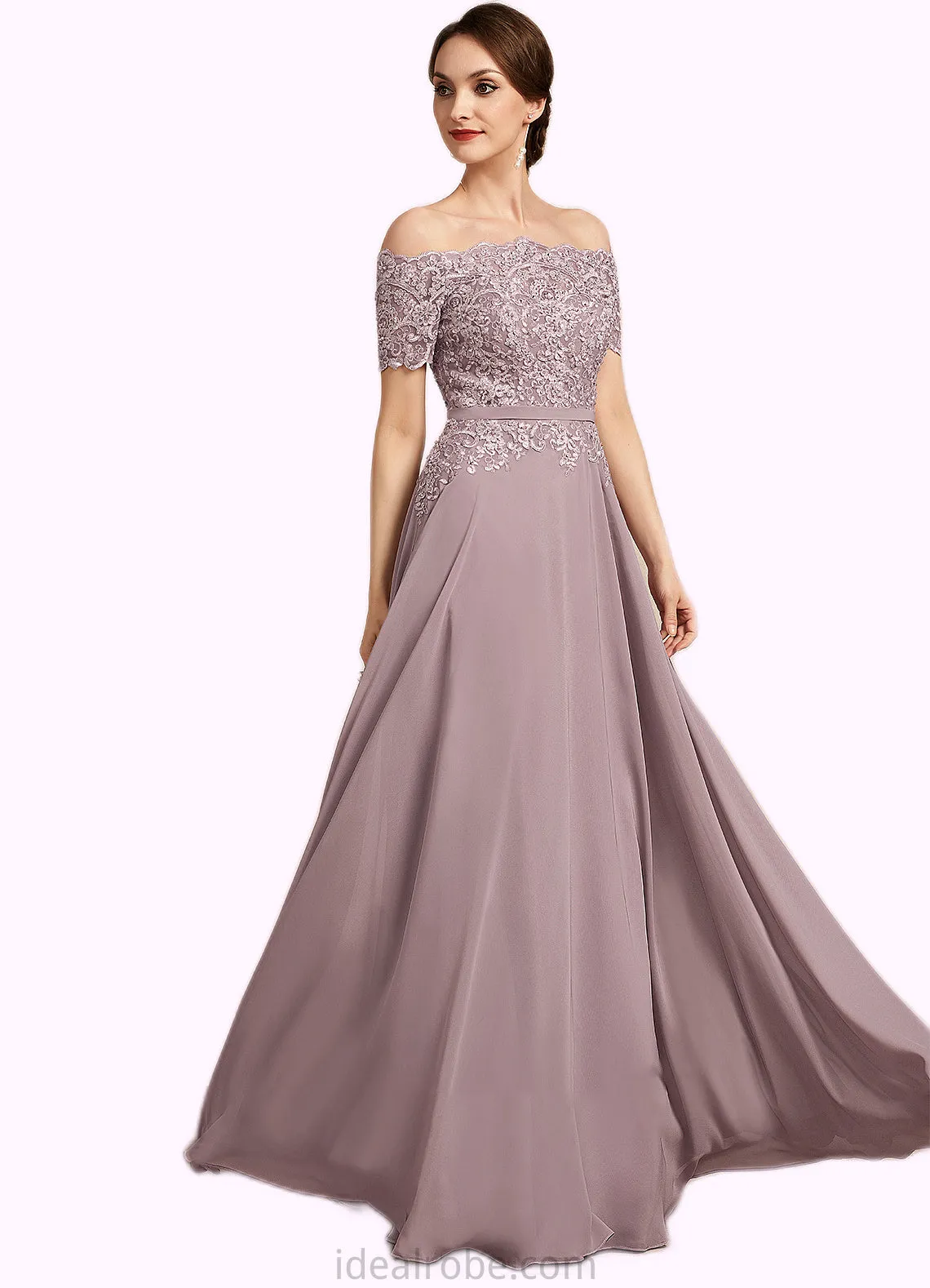 Gabriella A-Line Off-the-Shoulder Floor-Length Chiffon Lace Mother of the Bride Dress With Beading Sequins STK126P0014785