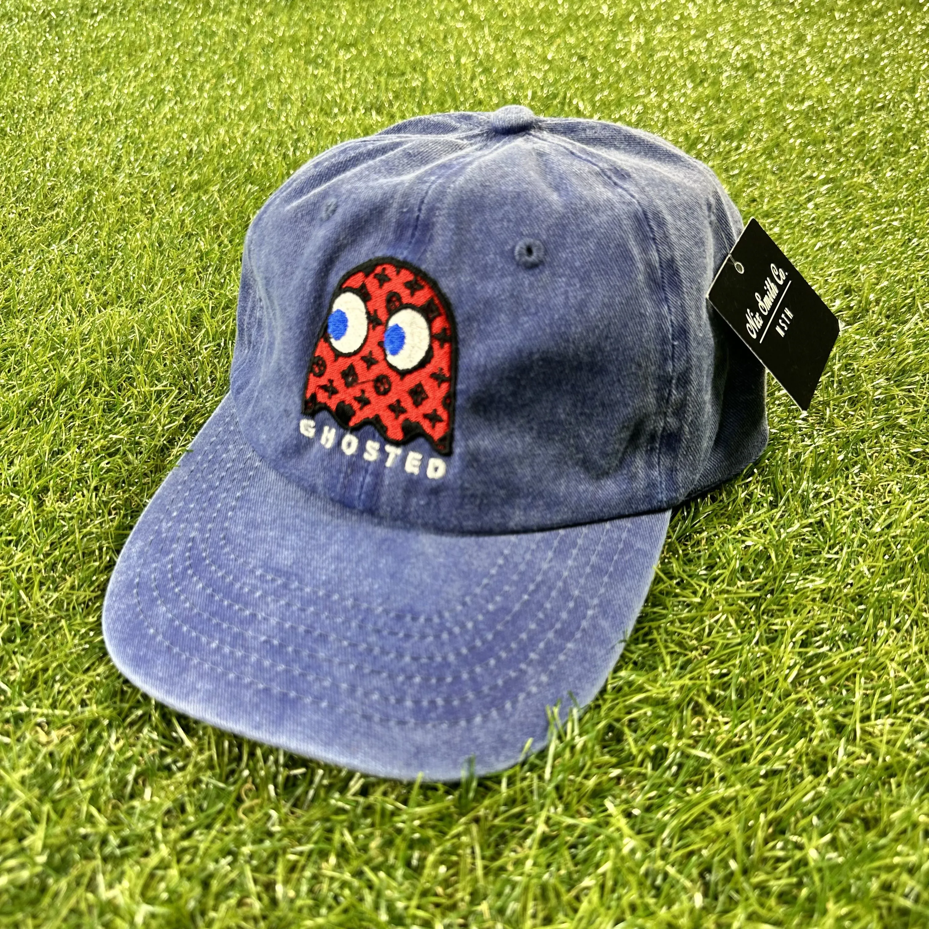 Ghosted Red Pacman Dad Hat (Denim Blue)