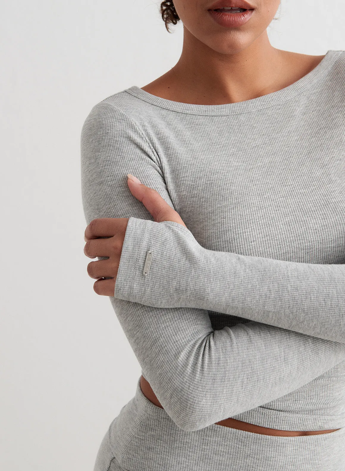 Grey Melange Ease Ribbed Long Sleeve Top