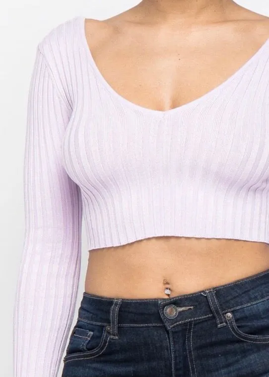 Hera Collection Long Sleeve V-Neck Off Shoulder Crop Top (Lavender) 21915