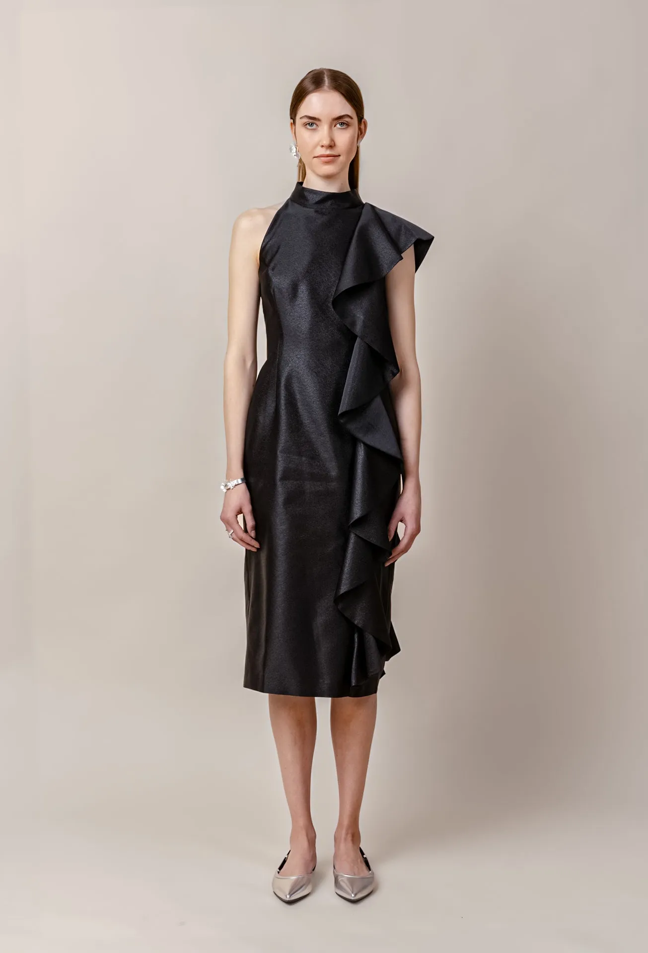 KAAMOS frill dress in shimmering black