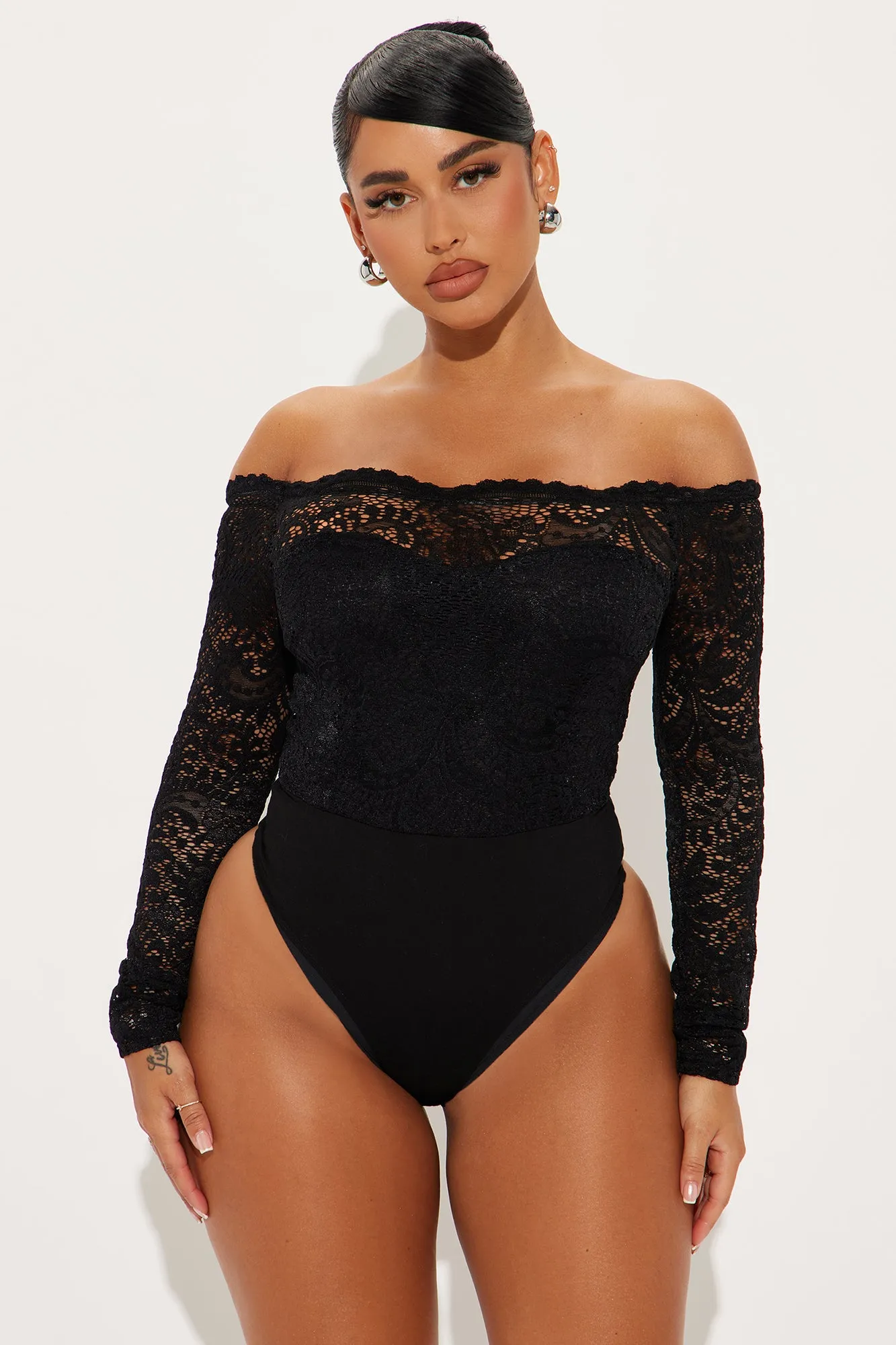 Katie Lace Off Shoulder Bodysuit - Black