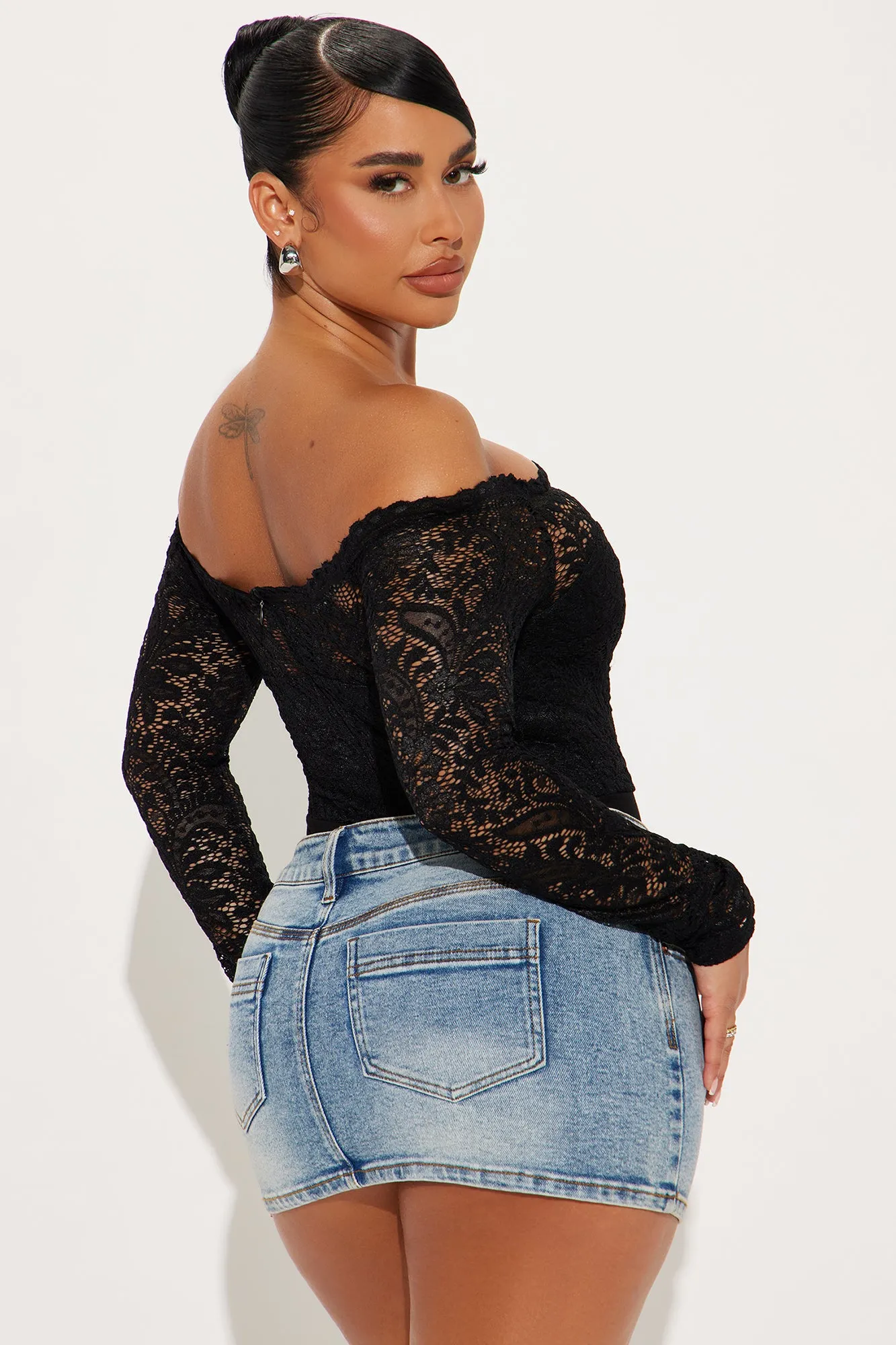 Katie Lace Off Shoulder Bodysuit - Black