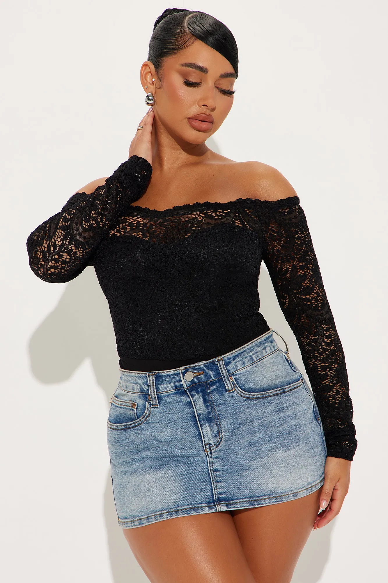 Katie Lace Off Shoulder Bodysuit - Black