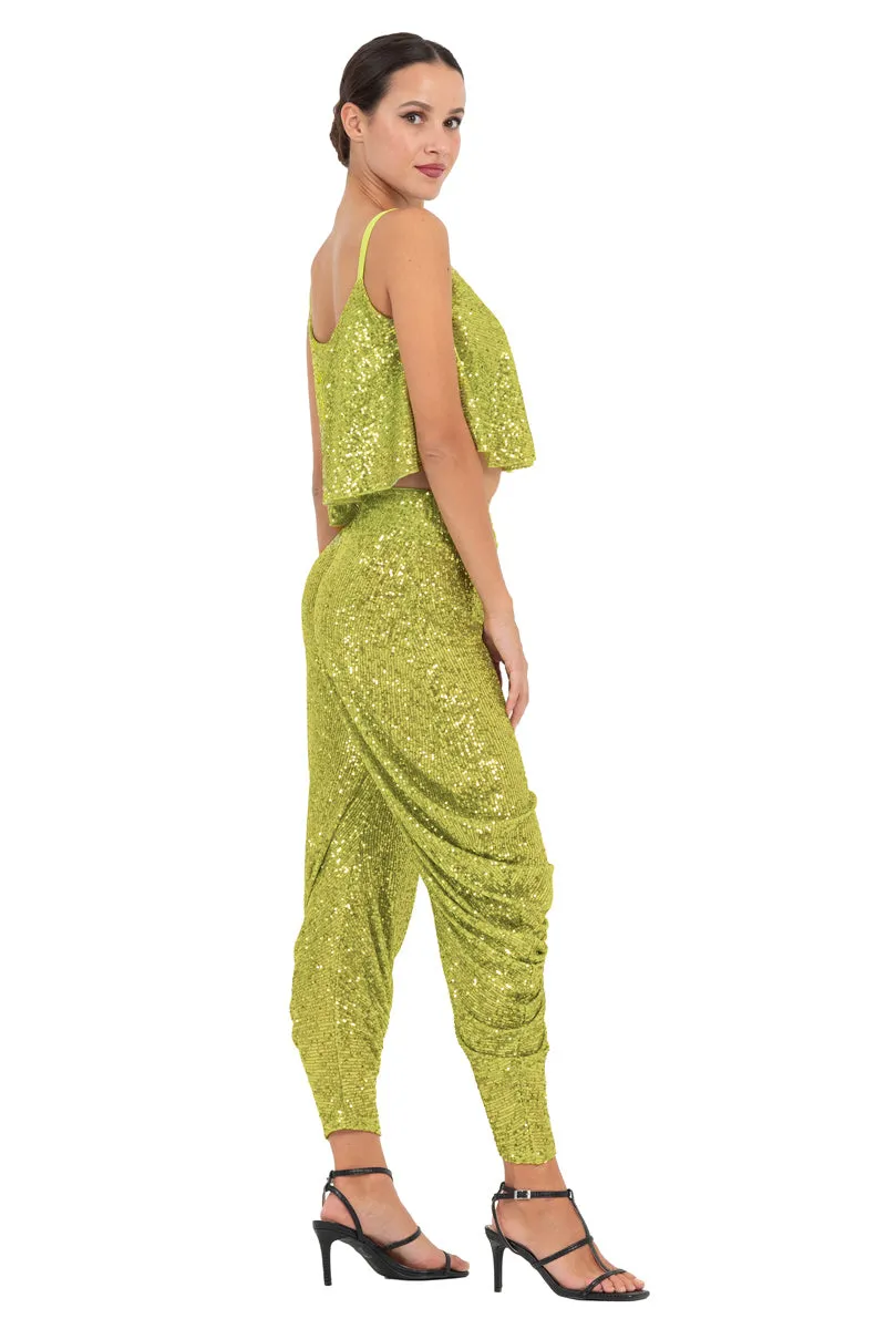 Lime Green, Black & Navy Blue Sequinned Harem Style Tango Pants With Gathers (S)