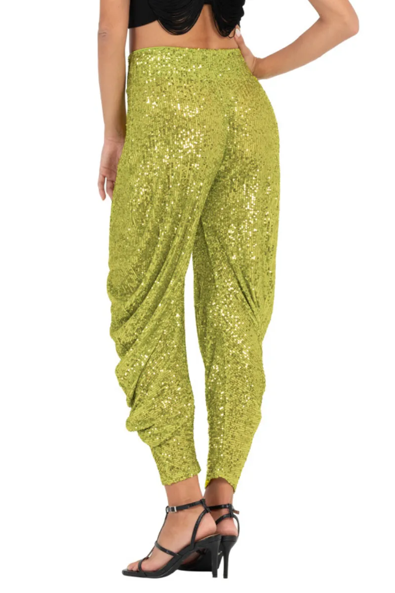 Lime Green, Black & Navy Blue Sequinned Harem Style Tango Pants With Gathers (S)