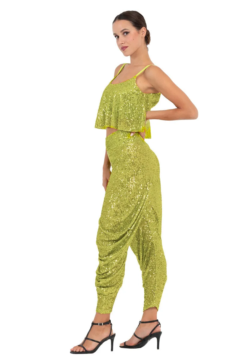 Lime Green, Black & Navy Blue Sequinned Harem Style Tango Pants With Gathers (S)