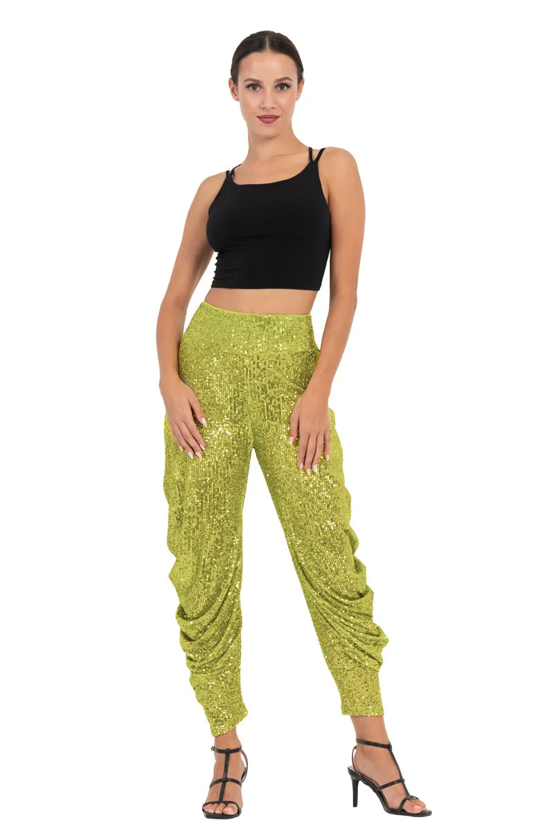 Lime Green, Black & Navy Blue Sequinned Harem Style Tango Pants With Gathers (S)