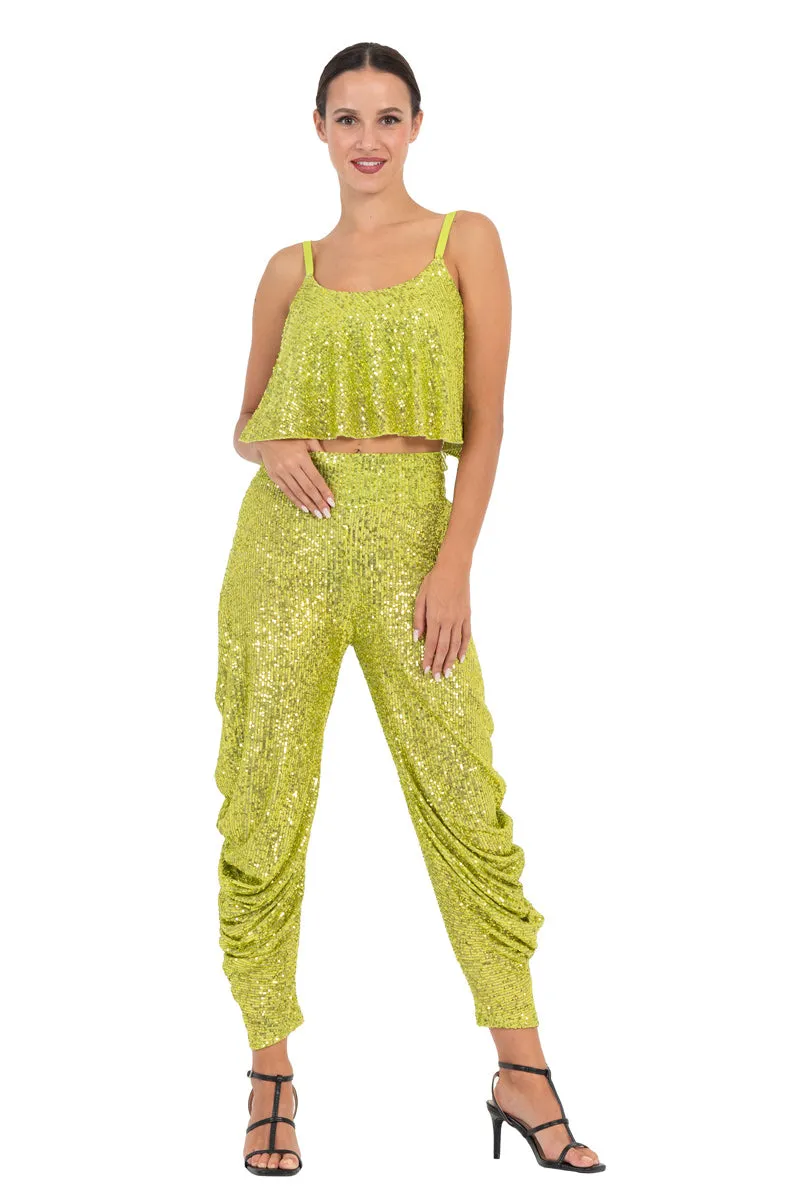 Lime Green, Black & Navy Blue Sequinned Harem Style Tango Pants With Gathers (S)