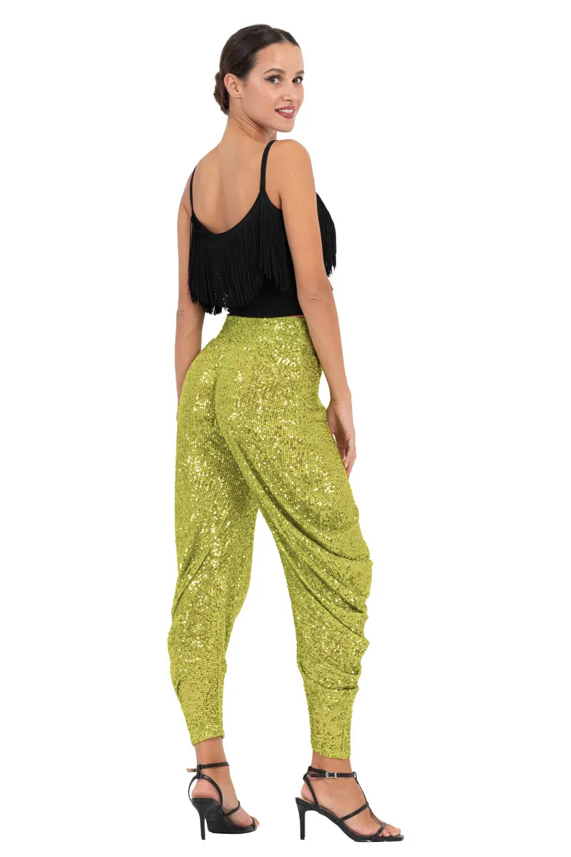 Lime Green, Black & Navy Blue Sequinned Harem Style Tango Pants With Gathers (S)