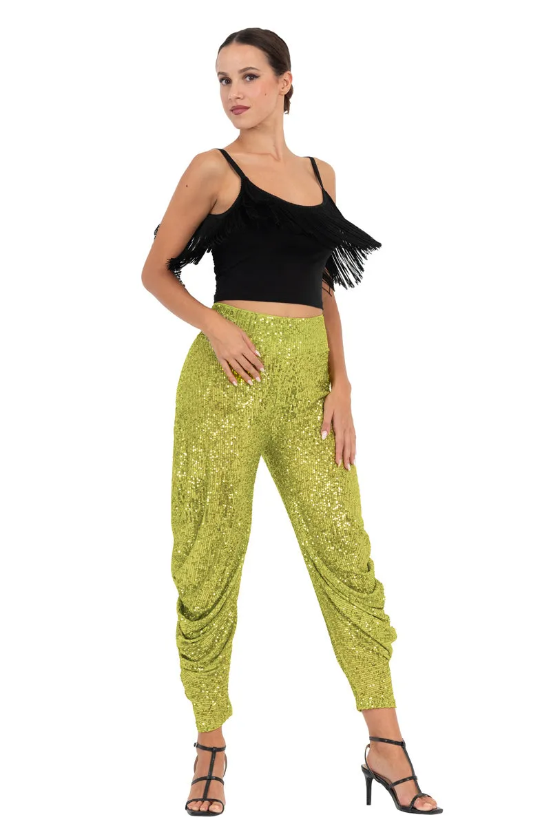 Lime Green, Black & Navy Blue Sequinned Harem Style Tango Pants With Gathers (S)