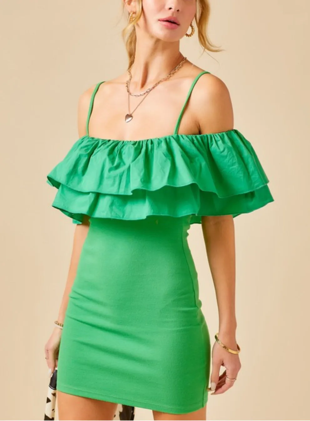 Minna green bodycon off shoulder mini dress