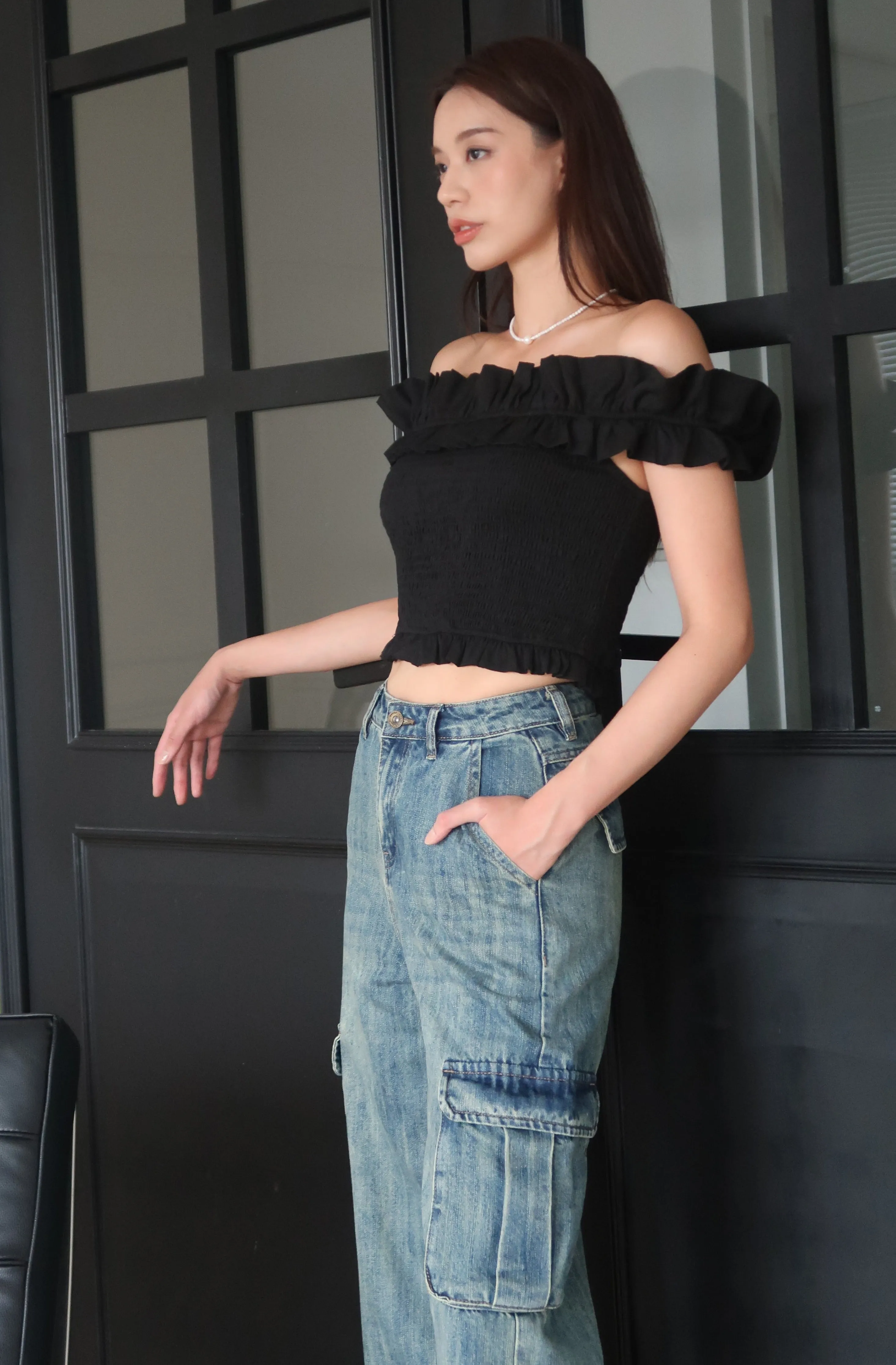 Nikki off shoulder linen top in black