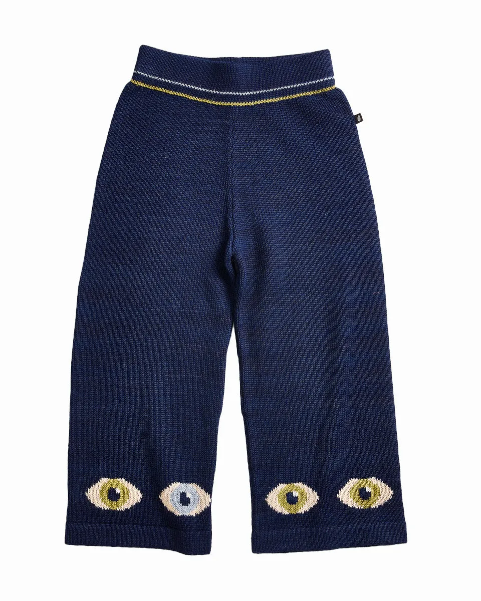 OEUF Handle With Care Intarsia Wide Leg Knit Eye Motif Pants in Indigo