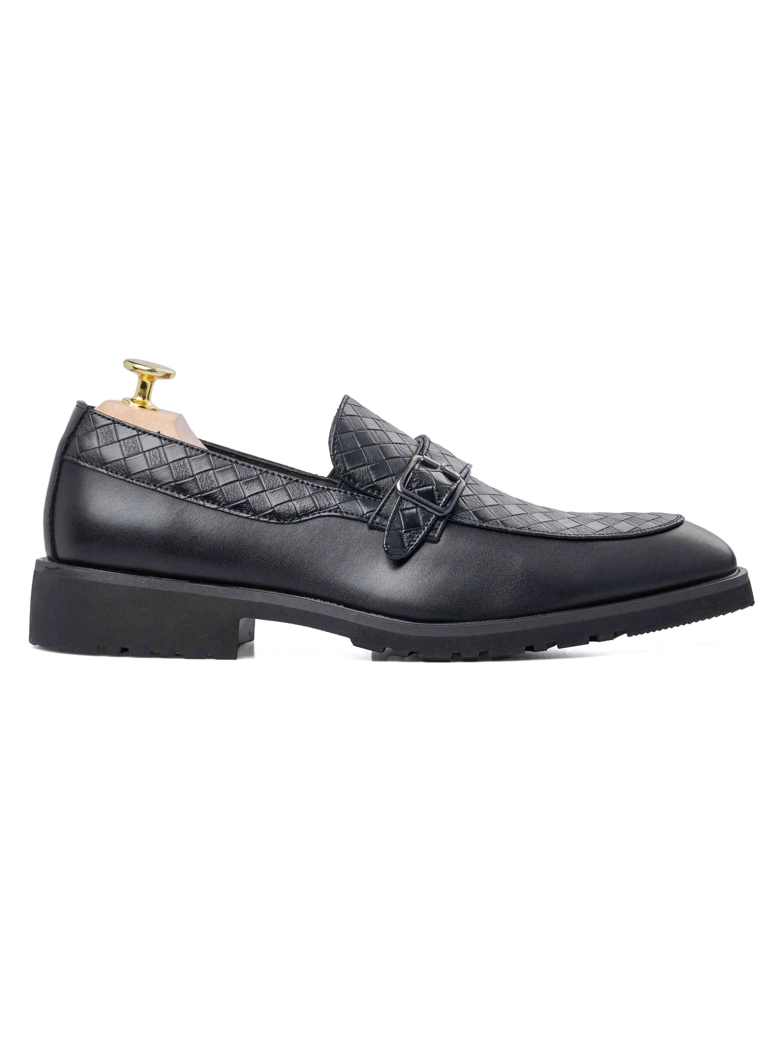 Oliver Single Strap Monk Loafer - Black Woven Leather (Flexi-Sole)