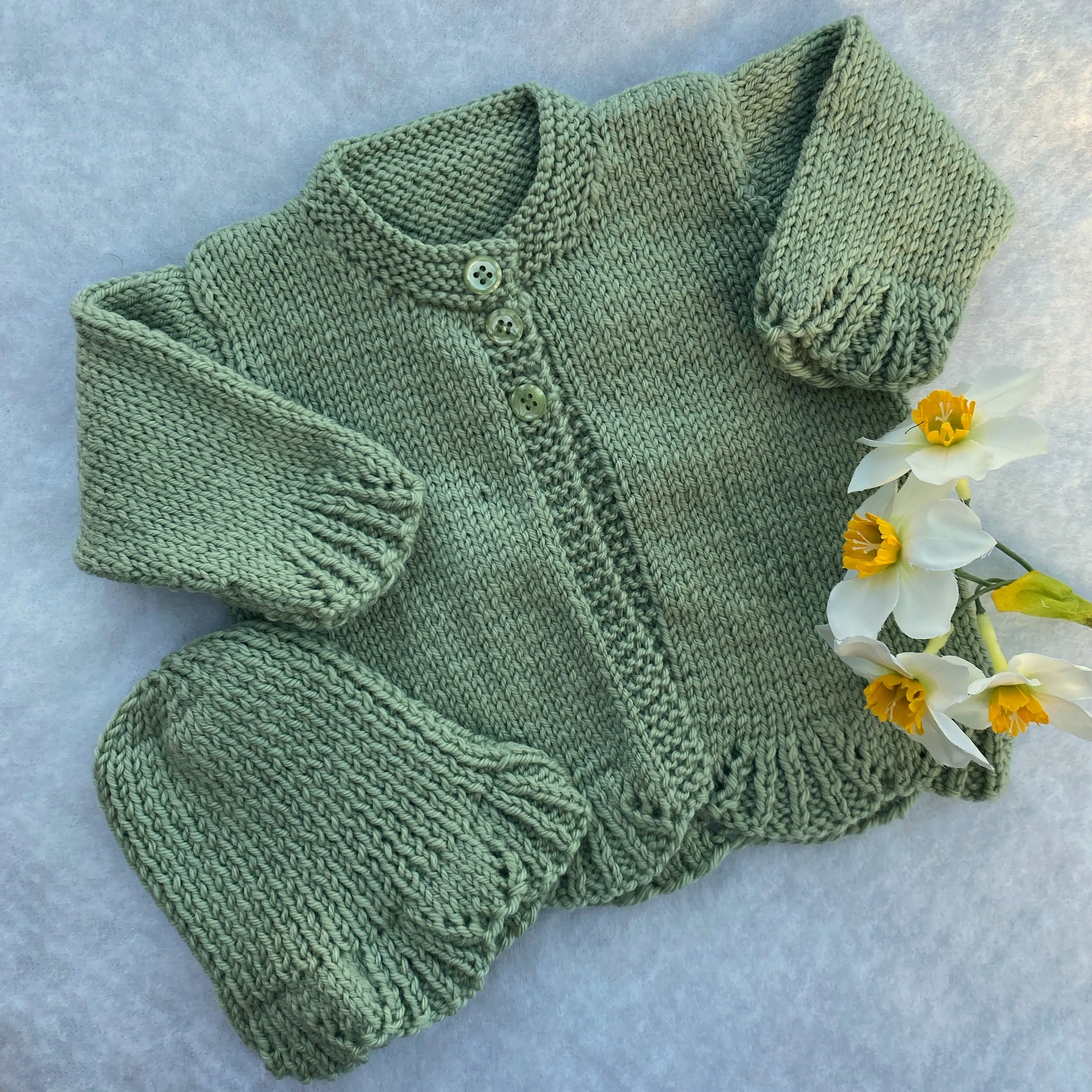 "Poppy" hand knit merino baby cardigan & hat set