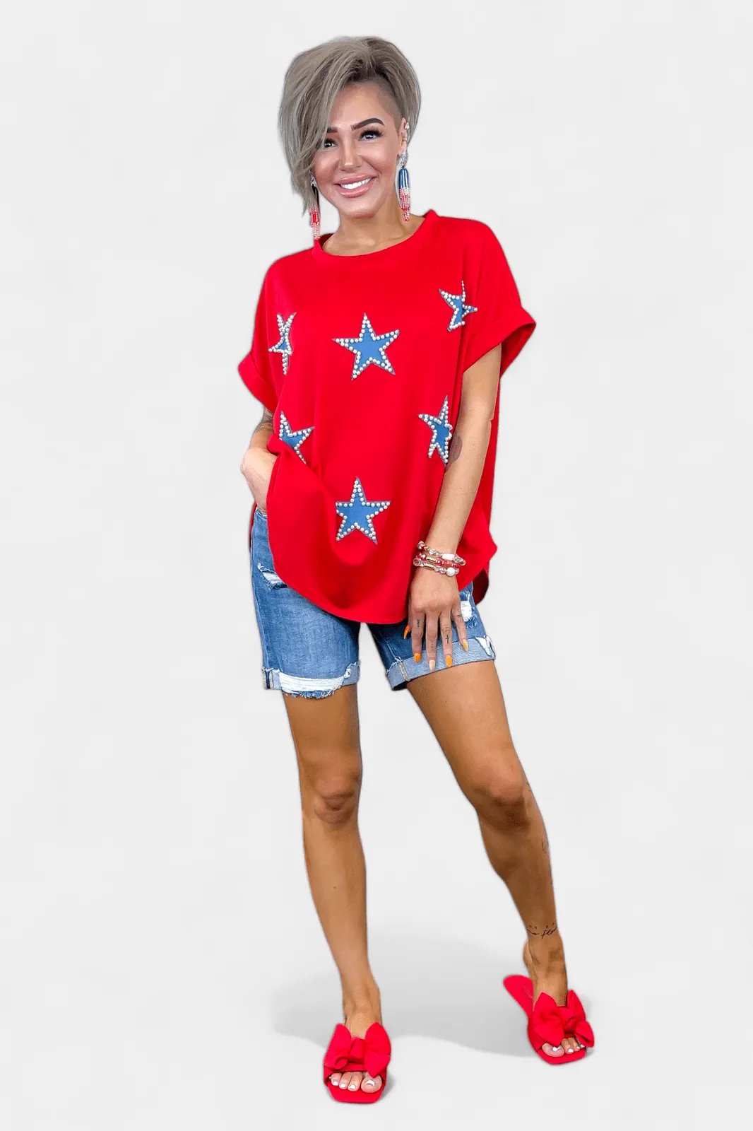 Red Pearl Star Patriotic Top