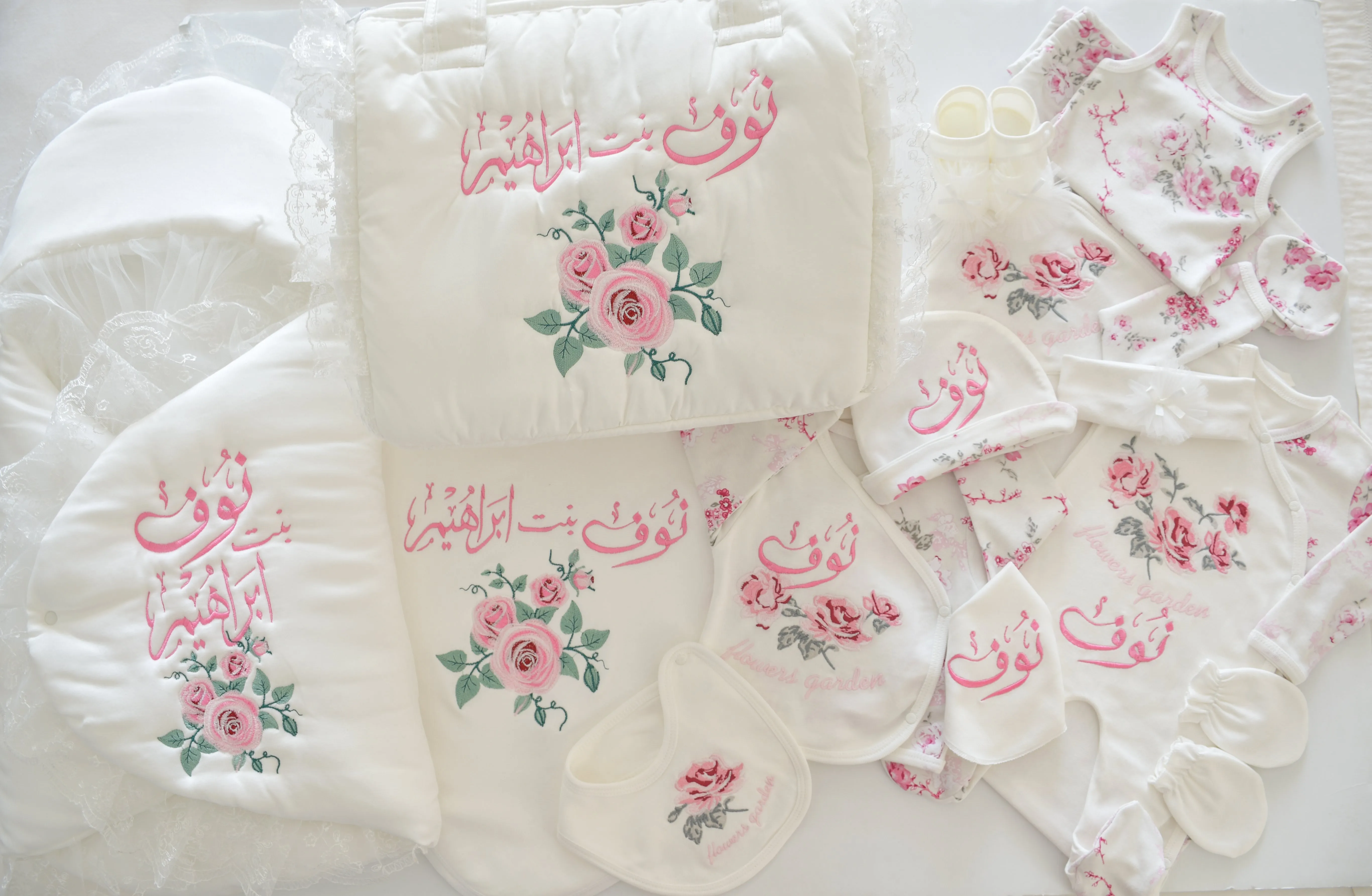 Roses Embroidery Baby Girl Set - Welcome Home Baby Set - Personalised Baby Set