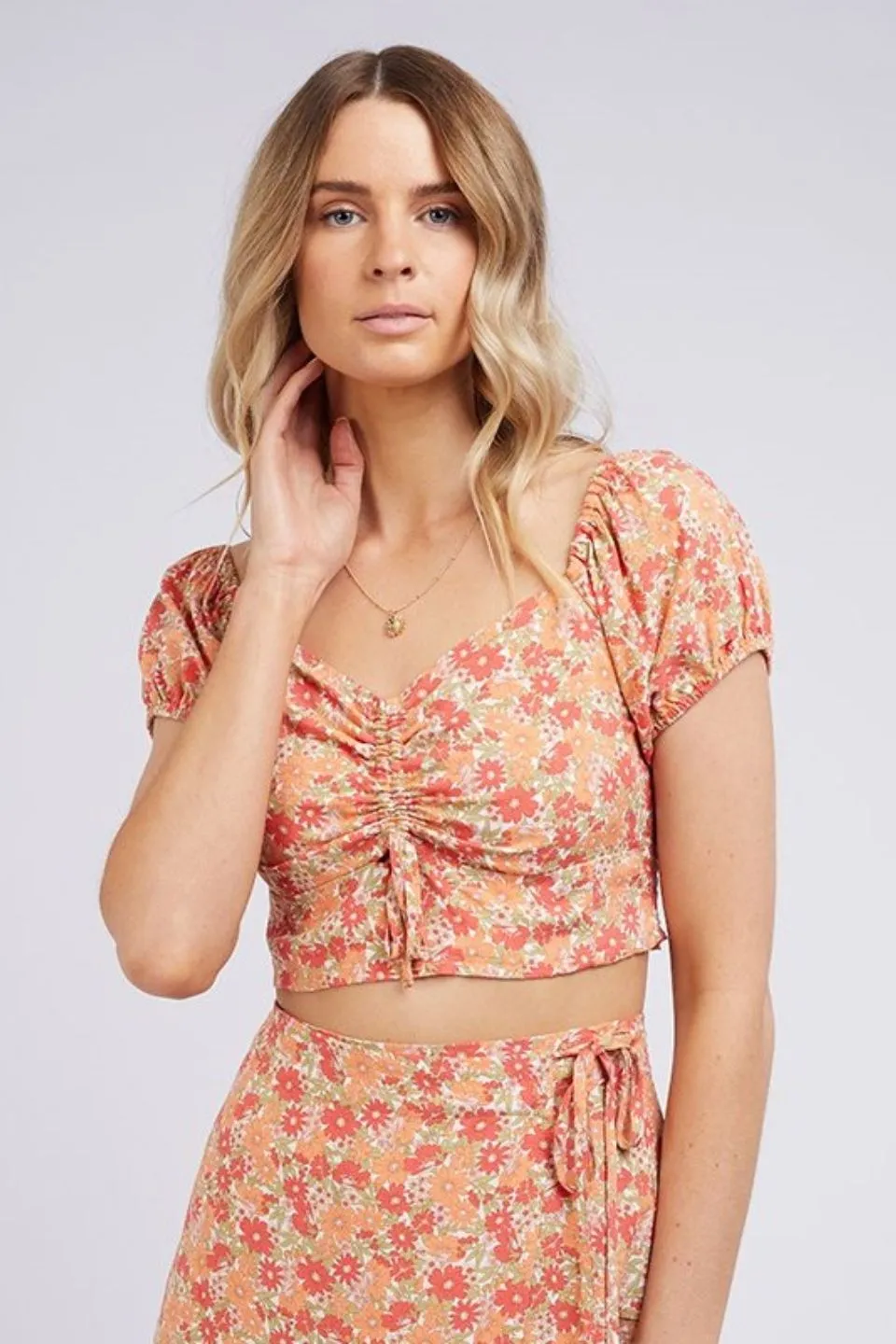 Ruby Orange Floral Rushed SS Crop Floral Top