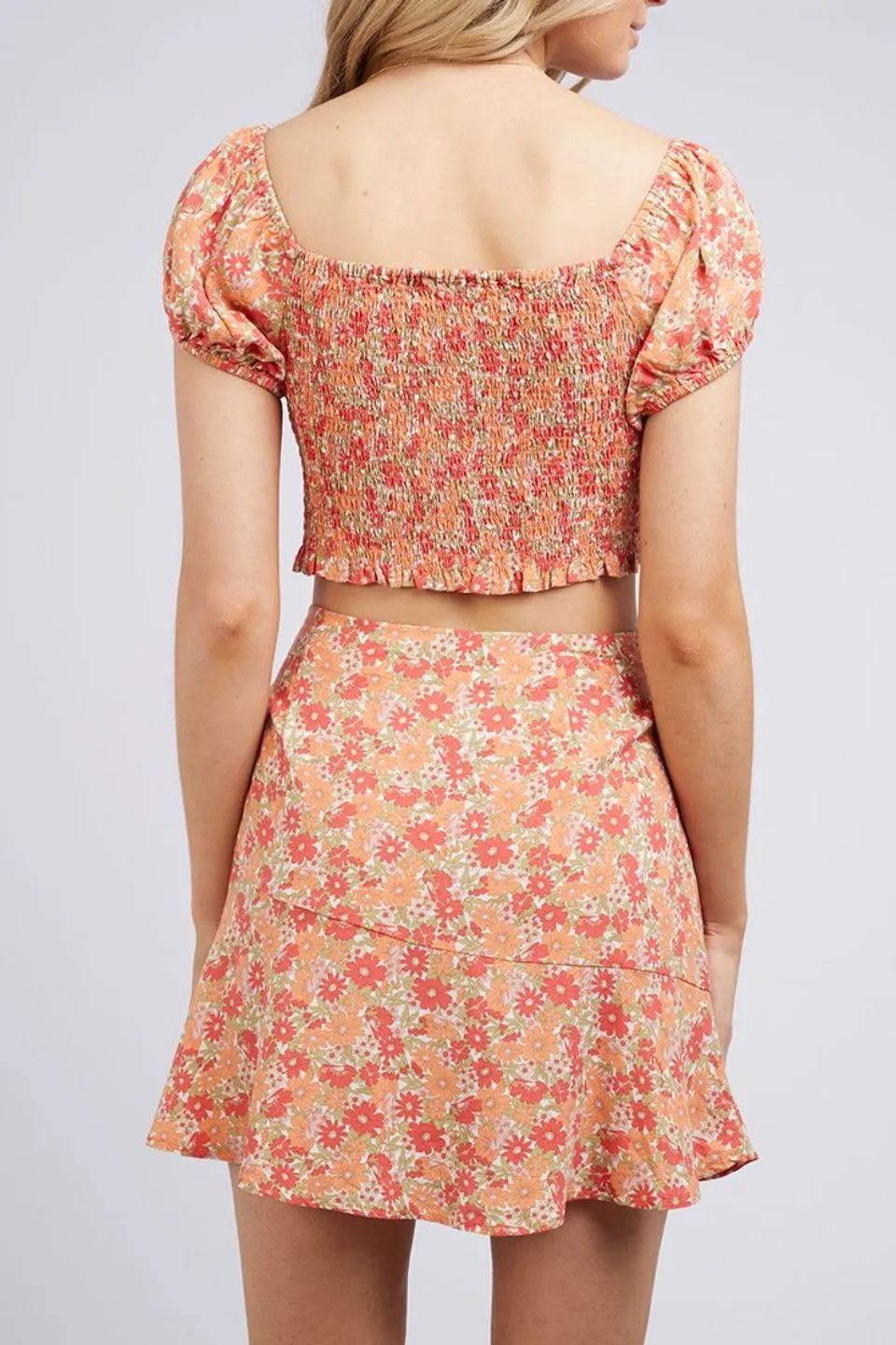 Ruby Orange Floral Rushed SS Crop Floral Top