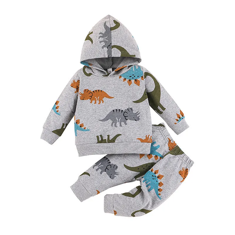 Toddler Kids Boys Solid Color Cartoon Dinosaur Long-sleeved Hooded Sweatshirt and Long Pants Set